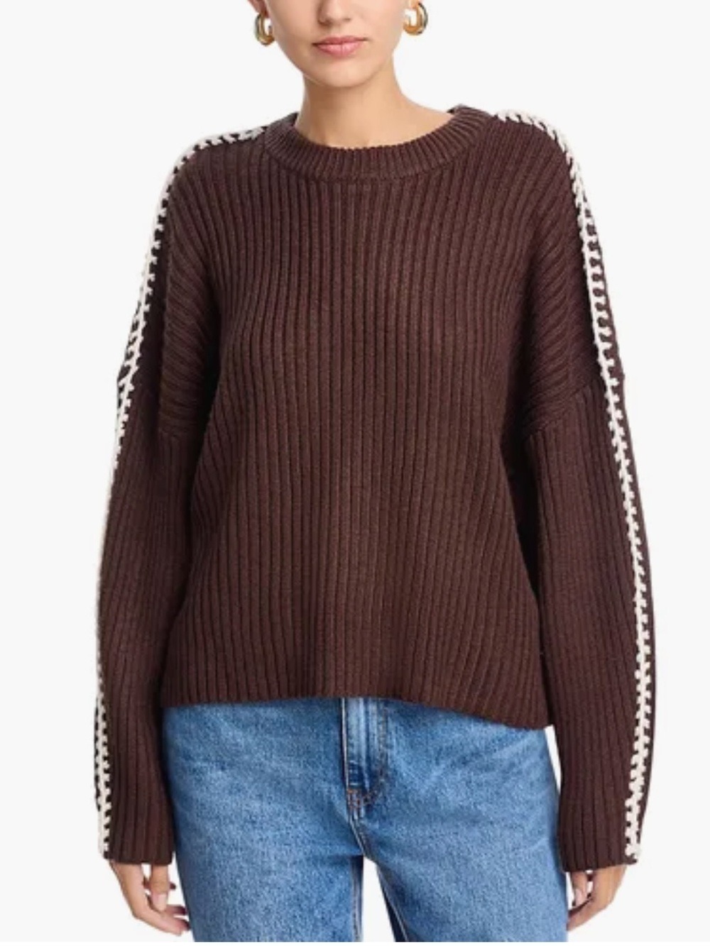 Elan Ribbed Blanket Stitch Sweater Brown M Granola Girl Cozy Indie Boho Earthy - Picture 2 of 12